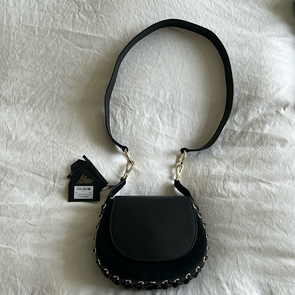 Maje Leather & Suede Black Crossbody Bag with Criss Cross Detailing